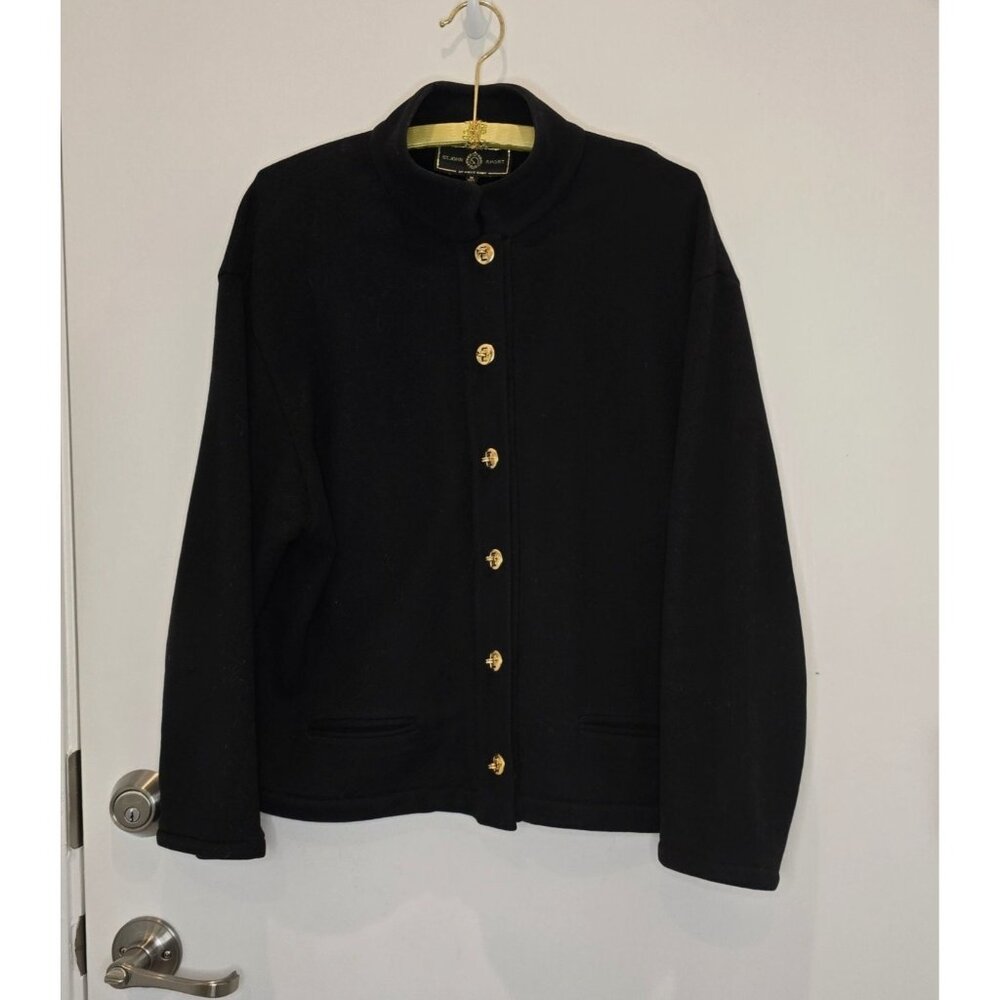 St. John Black Size M Sweater Gold Twist Lock Buttons Mandarin Collar Academia